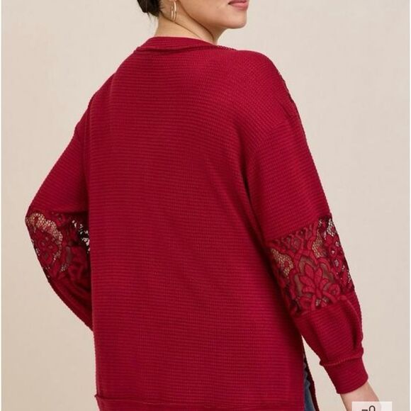 Torrid Waffle V-neck Lace Inset Pullover Sweatshirt Rhubarb Sz 4 - Picture 2 of 16